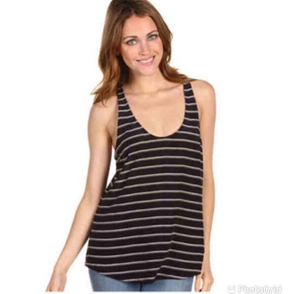 JOIE Striped Silk Racerback Tank Top Scoop Neck Sleeveless Black Silver Medium - Picture 1 of 14